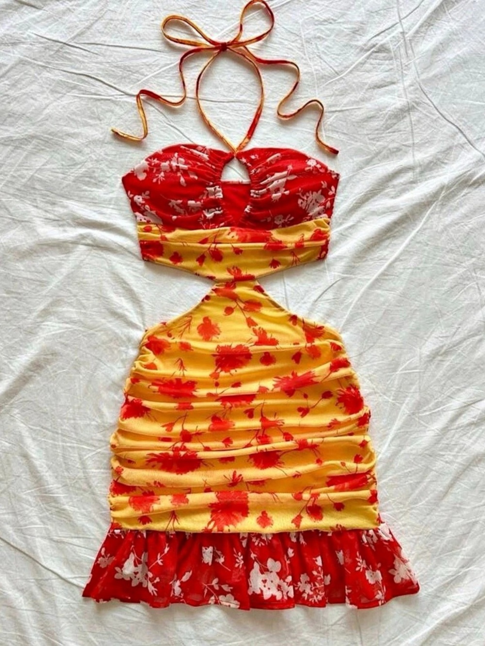 Yellow Base Red Floral Print Chiffon Halter Tie Ruched Flare Mini Dress